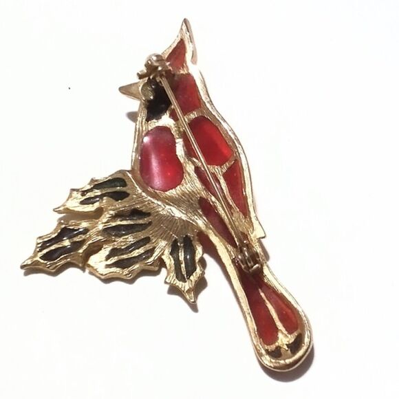 Vintage Stained Glass Style Poured Enamel Cardinal Brooch - Picture 5 of 5